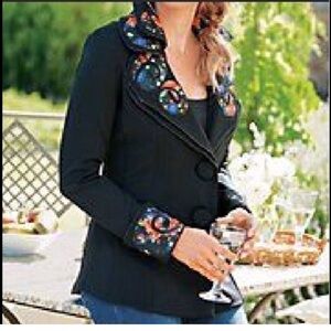 Soft Surroundings Women's Blazer Medium Black Jacket Floral Shapeable Collar M
